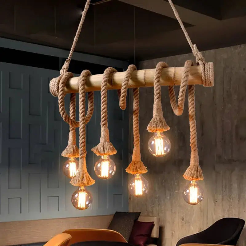 Retro bamboo hemp rope pendant lights dining room chandelier