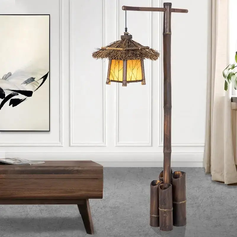 Retro bamboo weave floor lamp – zen living room light with warm glow