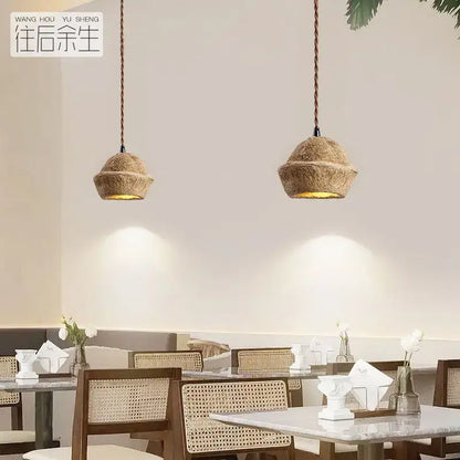 Retro beige cork fruit shell bedside pendant light for bedroom