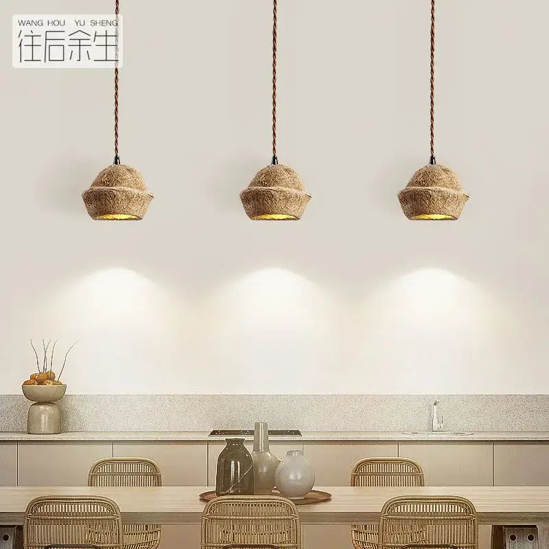 Retro beige cork fruit shell bedside pendant light for bedroom