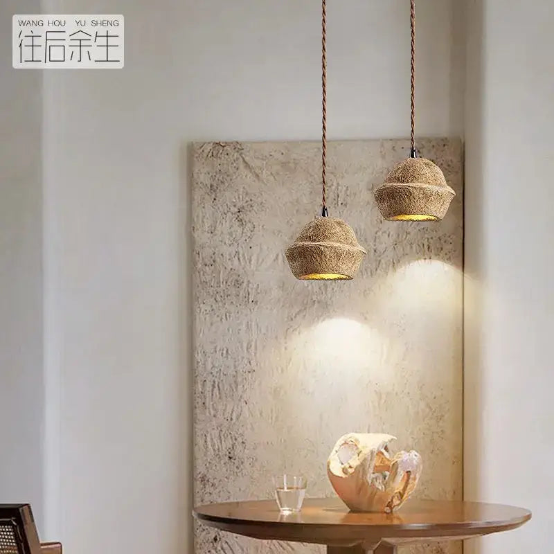 Retro beige cork fruit shell bedside pendant light for bedroom