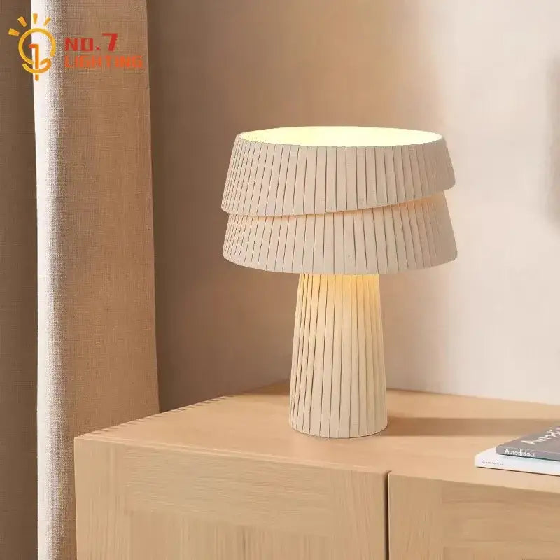 Retro beige pleated mushroom table lamp for bedroom atmosphere