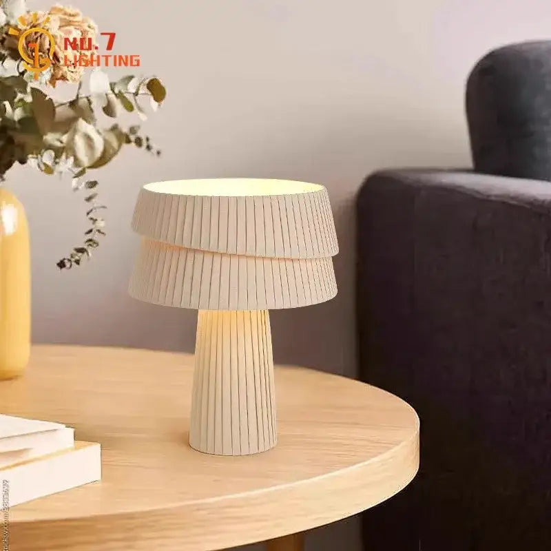 Retro beige pleated mushroom table lamp for bedroom atmosphere