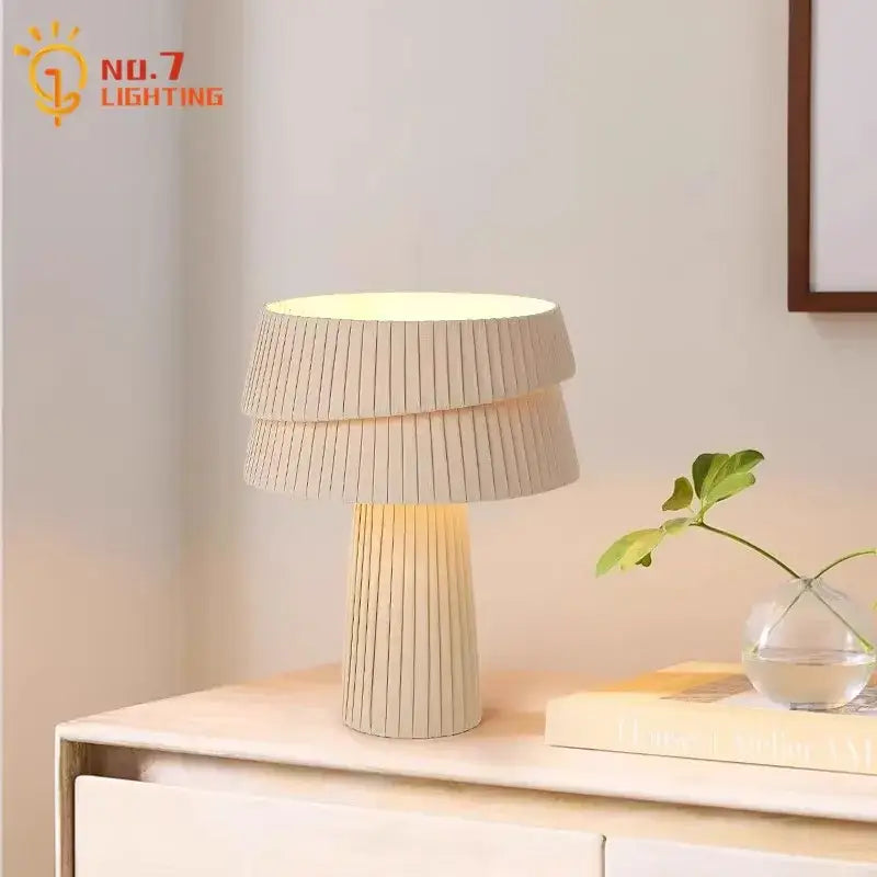 Retro beige pleated mushroom table lamp for bedroom atmosphere