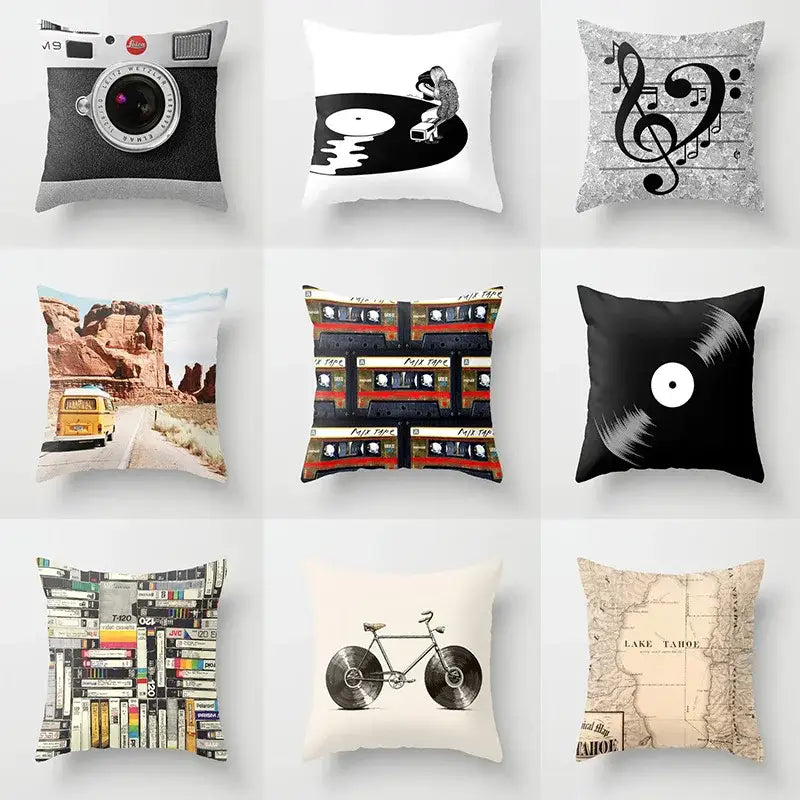 Retro black camera print cushion cover living room decor