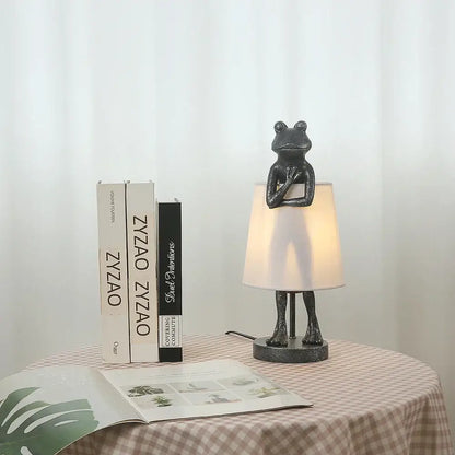 Retro black frog resin desk lamp bedroom lighting with white shade