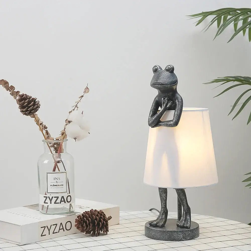 Retro black frog resin desk lamp bedroom lighting with white shade
