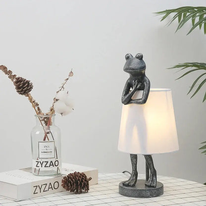 Retro black frog resin desk lamp bedroom lighting with white shade
