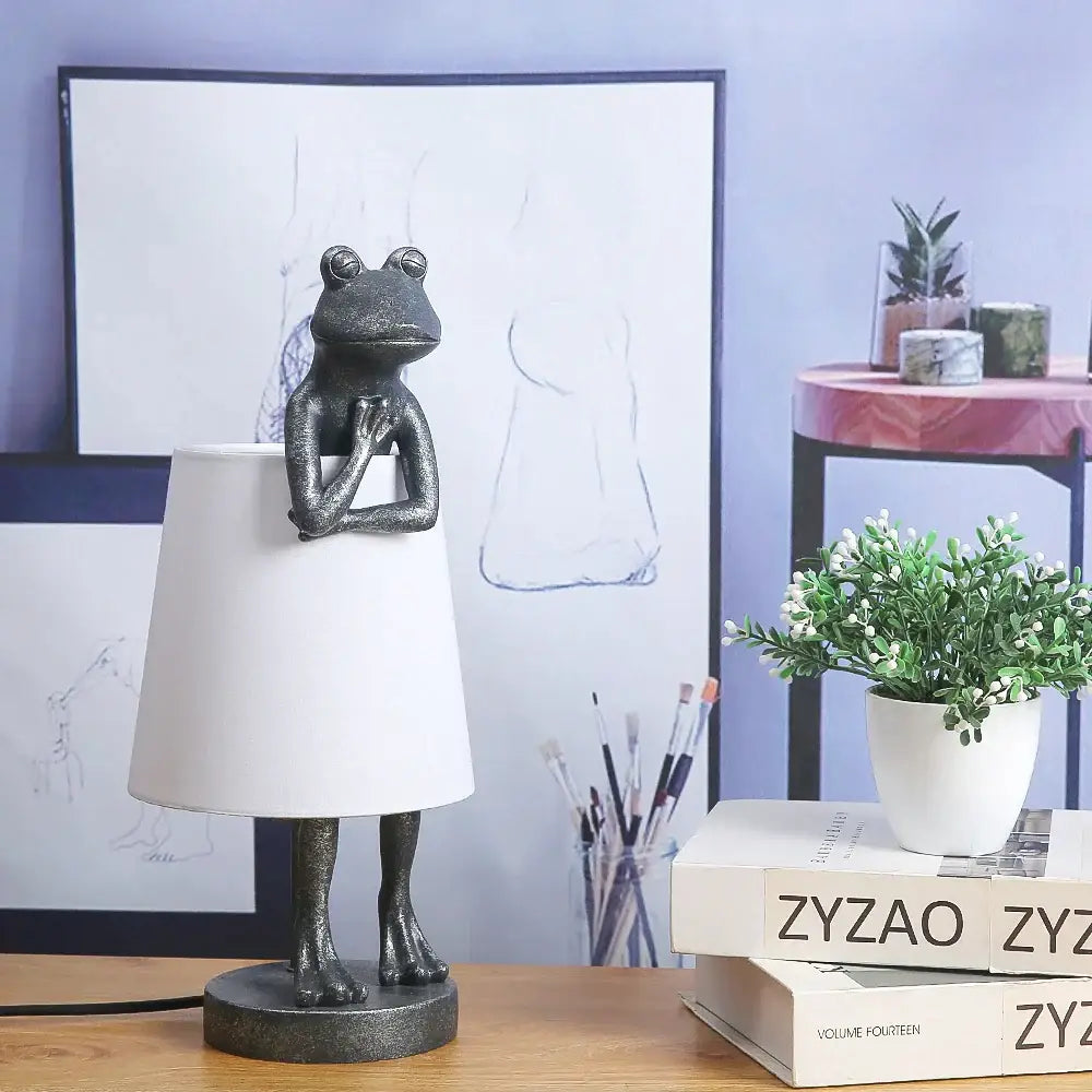Retro black frog resin desk lamp bedroom lighting with white shade