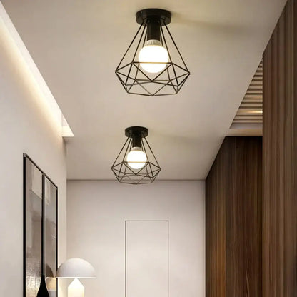 Retro black geometric iron cage ceiling lamp living room light
