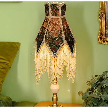 Retro black & green roses retro table lamp bedroom beaded fringe shade