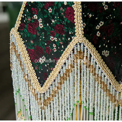 Retro black & green roses retro table lamp bedroom beaded fringe shade