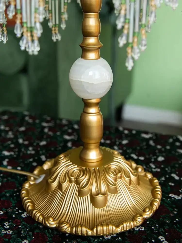 Retro black & green roses retro table lamp bedroom beaded fringe shade