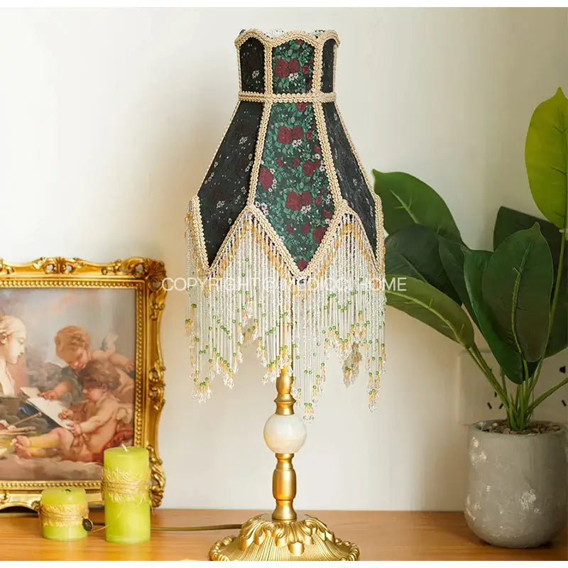 Retro black & green roses retro table lamp bedroom beaded fringe shade