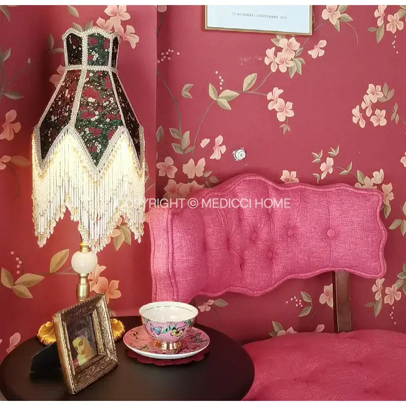 Retro black & green roses retro table lamp bedroom beaded fringe shade