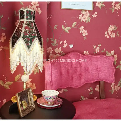 Retro black & green roses retro table lamp bedroom beaded fringe shade