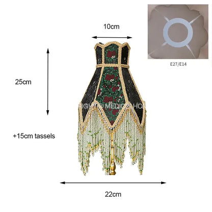 Retro black & green roses retro table lamp bedroom beaded fringe shade