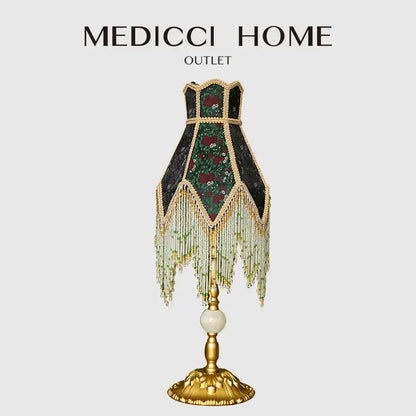 Retro black & green roses retro table lamp bedroom beaded fringe shade