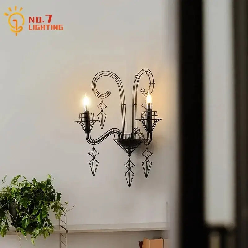 Retro black iron candle wall lamp living room sconce