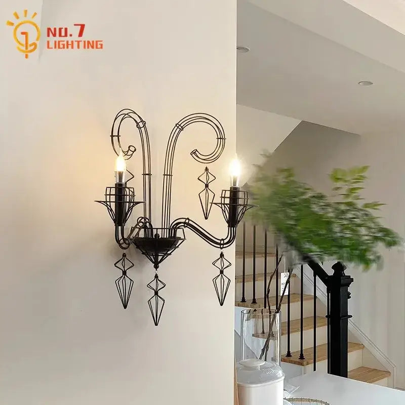 Retro black iron candle wall lamp living room sconce