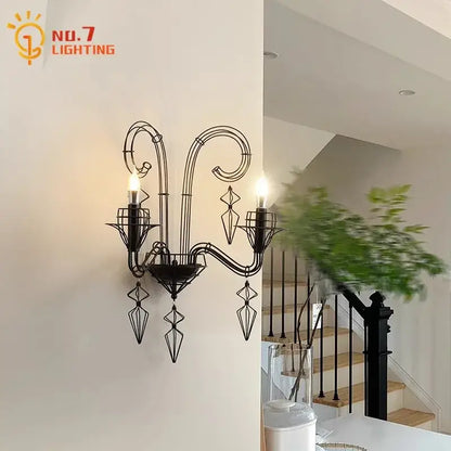 Retro black iron candle wall lamp living room sconce
