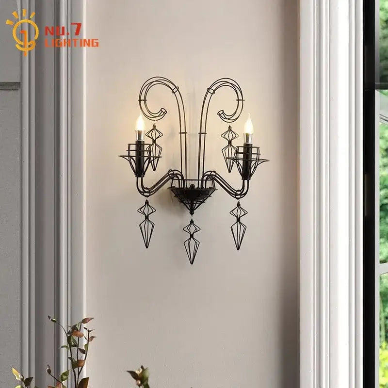 Retro black iron candle wall lamp living room sconce