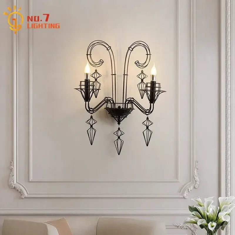 Retro black iron candle wall lamp living room sconce