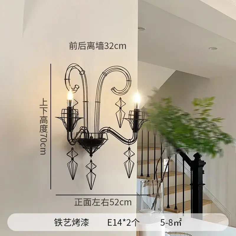 Retro black iron candle wall lamp living room sconce