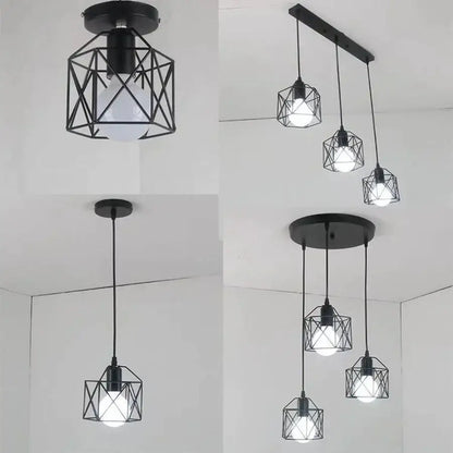 Retro black iron frame pendant light kitchen geometric cage