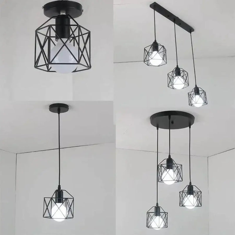Retro black iron frame pendant light kitchen geometric cage