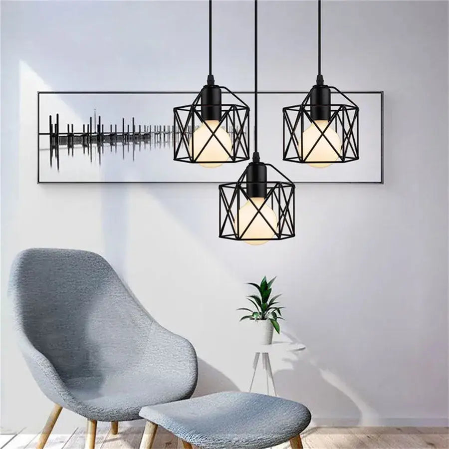 Retro black iron frame pendant light kitchen geometric cage