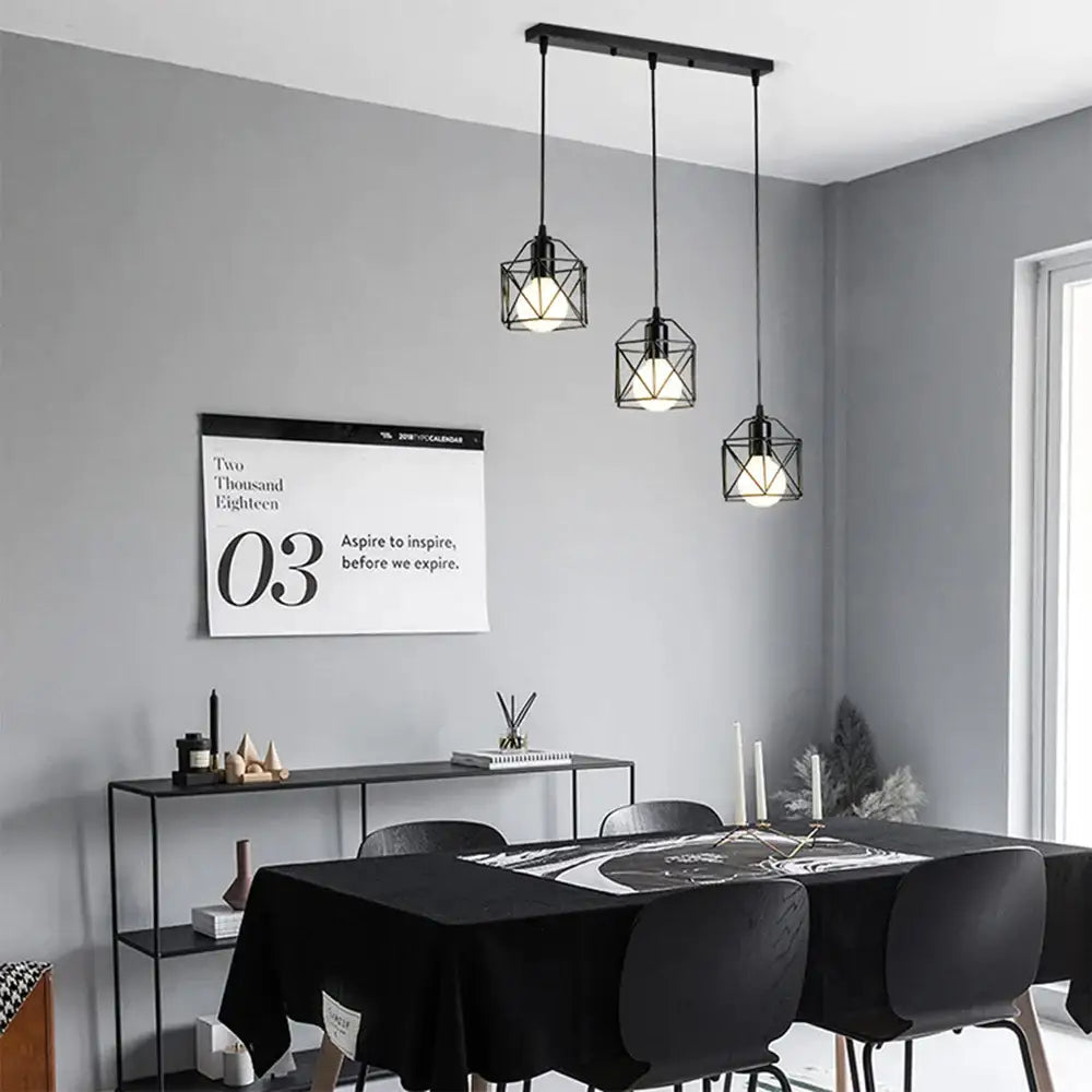 Retro black iron frame pendant light kitchen geometric cage
