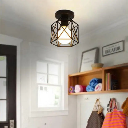 Retro black iron frame pendant light kitchen geometric cage