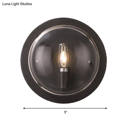 DecorBites™ Retro Black Metal Drum Flush Mount Wall Sconce with Clear Glass Shade - 1 Light Living Room Lamp