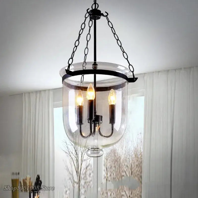Retro black metal glass bucket pendant light dining room three bulb