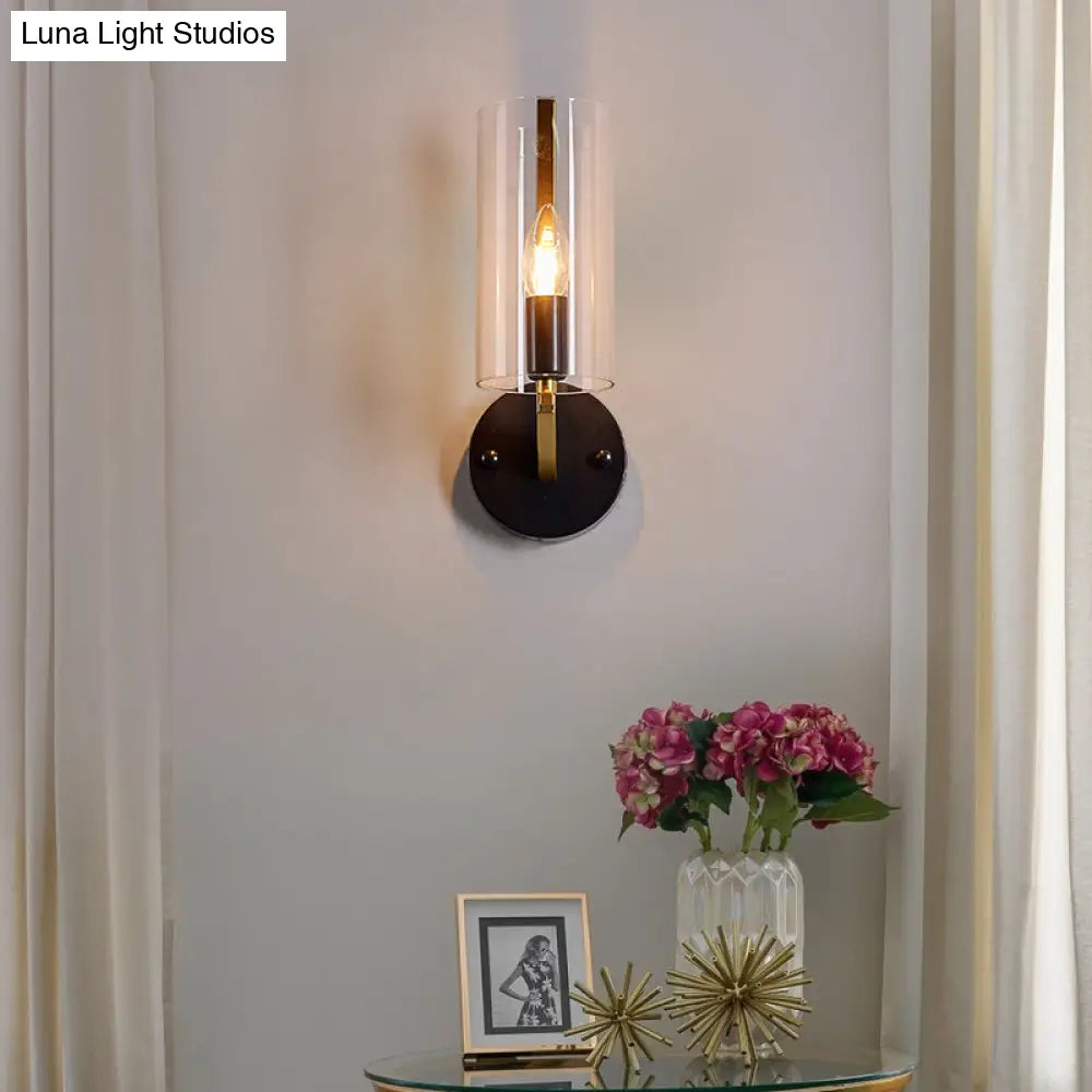 DecorBites™ Retro Black Tube Wall Light with Transparent Glass Sconce - Brass Arm Fixture