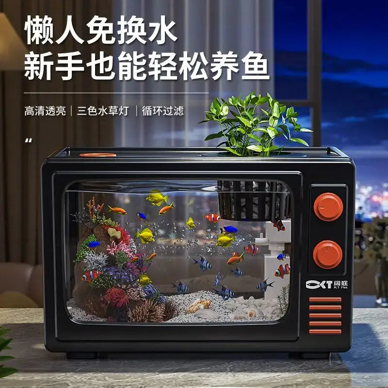 Retro black tv desktop fish tank living room oxygen aquarium