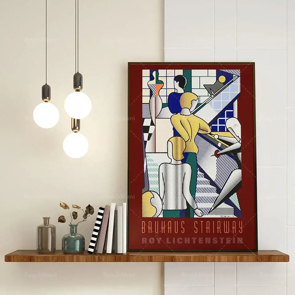 Retro black & white bauhaus stairs canvas print living room wall art