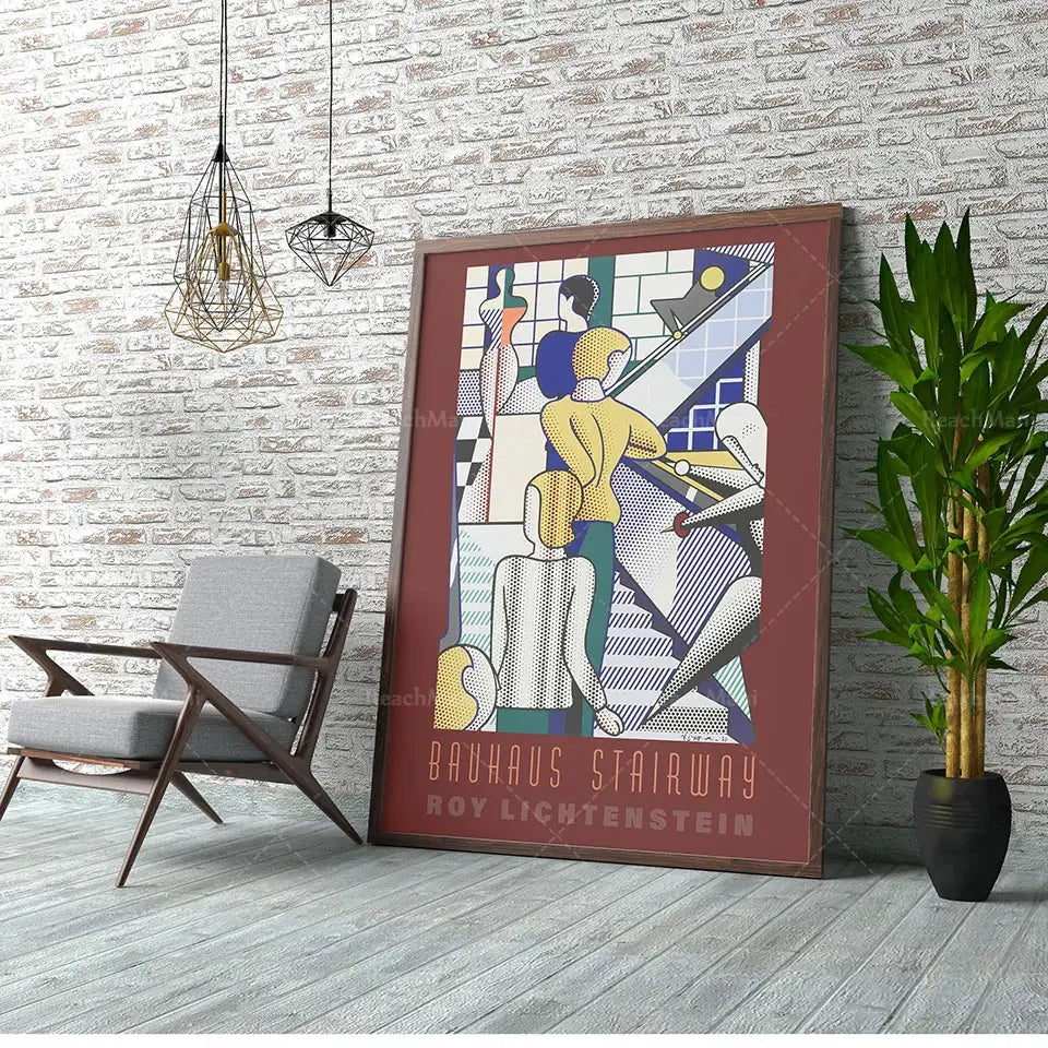 Retro black & white bauhaus stairs canvas print living room wall art