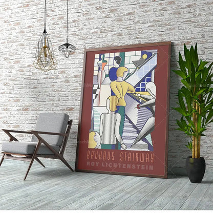 Retro black & white bauhaus stairs canvas print living room wall art