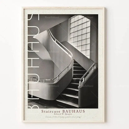 Retro black & white bauhaus stairs canvas print living room wall art