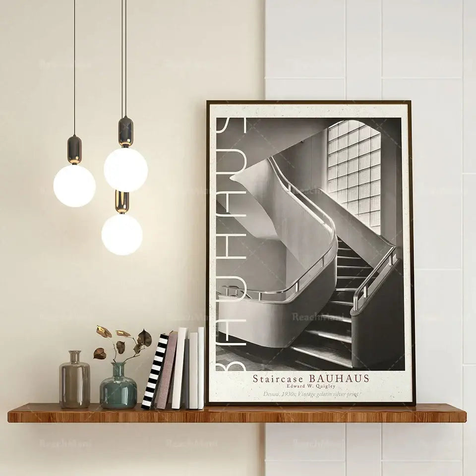 Retro black & white bauhaus stairs canvas print living room wall art