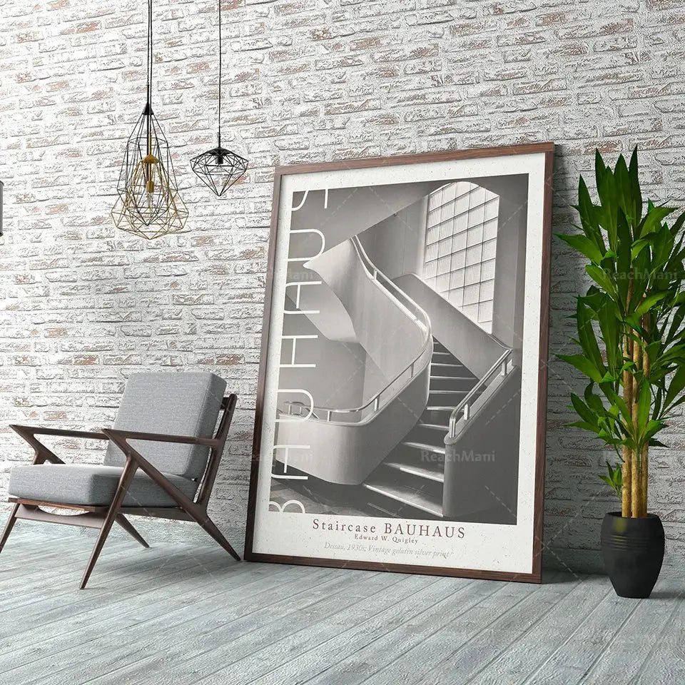 Retro black & white bauhaus stairs canvas print living room wall art