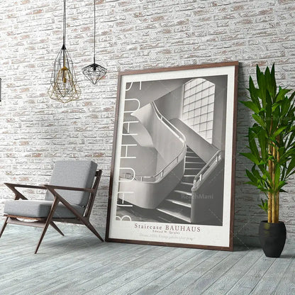 Retro black & white bauhaus stairs canvas print living room wall art