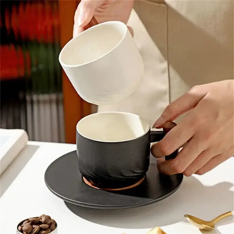 Retro blue & black ceramic coffee cup with wooden handle kitchen set
