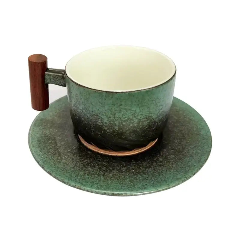 Retro blue & black ceramic coffee cup with wooden handle kitchen set