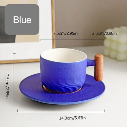 Retro blue & black ceramic coffee cup with wooden handle kitchen set