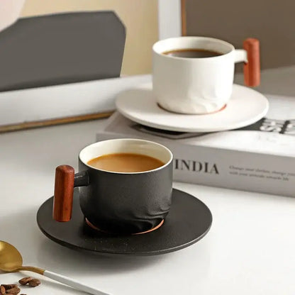 Retro blue & black ceramic coffee cup with wooden handle kitchen set
