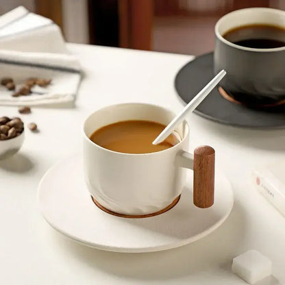 Retro blue & black ceramic coffee cup with wooden handle kitchen set