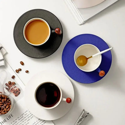Retro blue & black ceramic coffee cup with wooden handle kitchen set